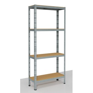 Scaffale metallico con 4 ripiani, ideale per lo stoccaggio in cantina o in garage.
