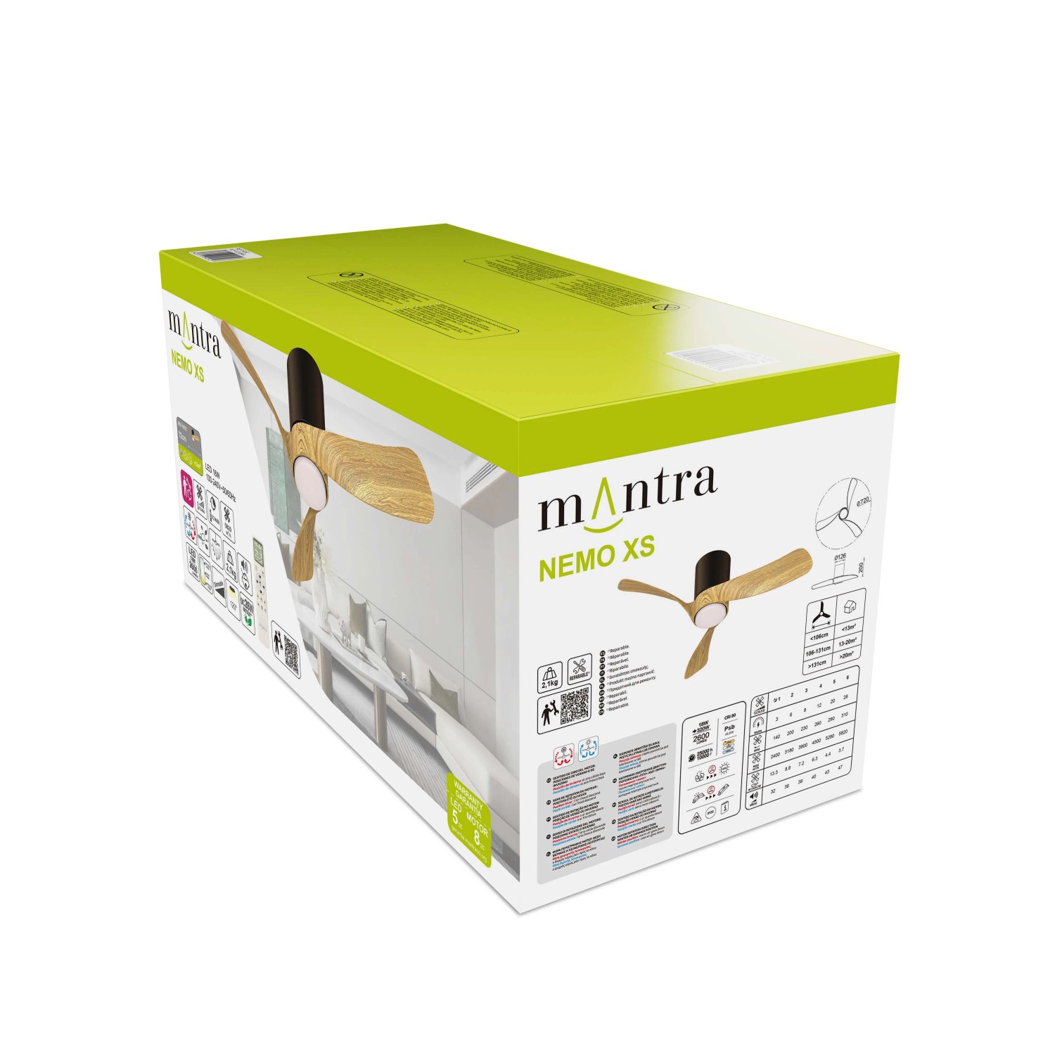 Confezione di un ventilatore Mantra Nemo XS con pale effetto legno.