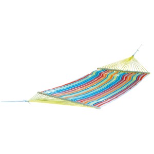 Amaca a righe della categoria Dondoli, con corde gialle e barra distanziatrice in legno.