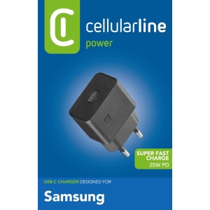 Caricatore USB-C nero da 25W di Cellularline per dispositivi Samsung.