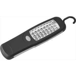 Lampada da lavoro nera a 24 LED con gancio e magnete per un uso flessibile.