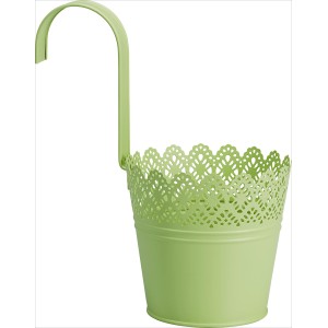 Fioriera sospesa verde chiaro in metallo laccato con motivo traforato per balcone o terrazza.