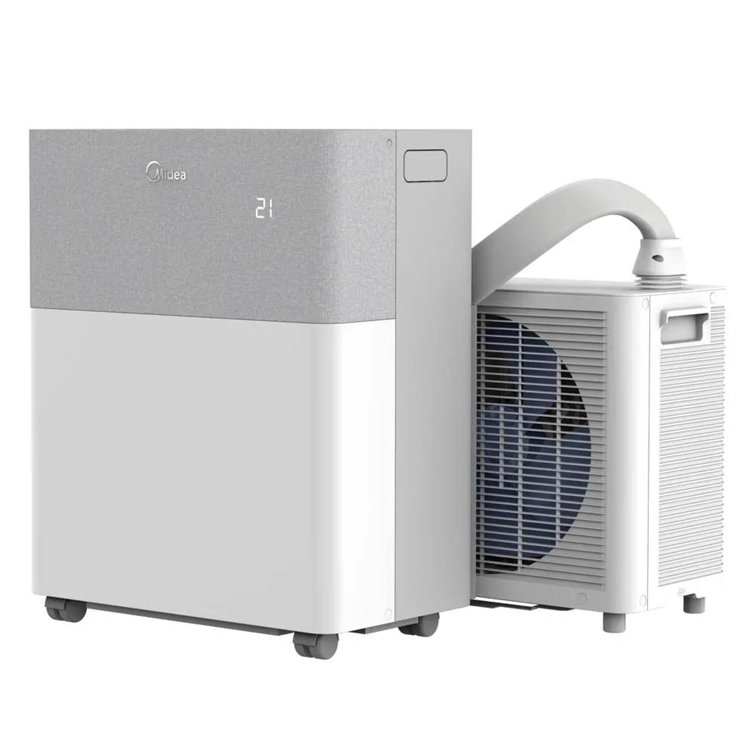 Condizionatore mobile Midea PortaSplit Cool bianco-grigio con unità esterna e tubo.