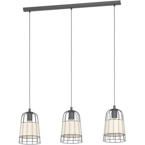 Moderna lampada a sospensione Eglo Anwick, a 3 luci, nero-naturale, con dettagli in rattan per soggiorno e sala da pranzo.