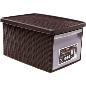 Contenitore marrone con coperchio effetto rattan.