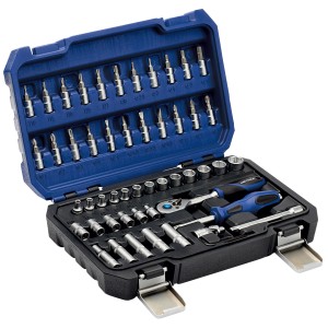 Set di chiavi a bussola LUX Comfort, 53 pezzi, con cricchetto, inserti ed estensione in custodia blu.