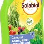 Flacone verde di Solabiol Concime per piante aromatiche e piccoli frutti.