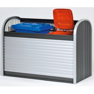 Biohort StoreMax 160 box da giardino in grigio scuro metallizzato con due bidoni.