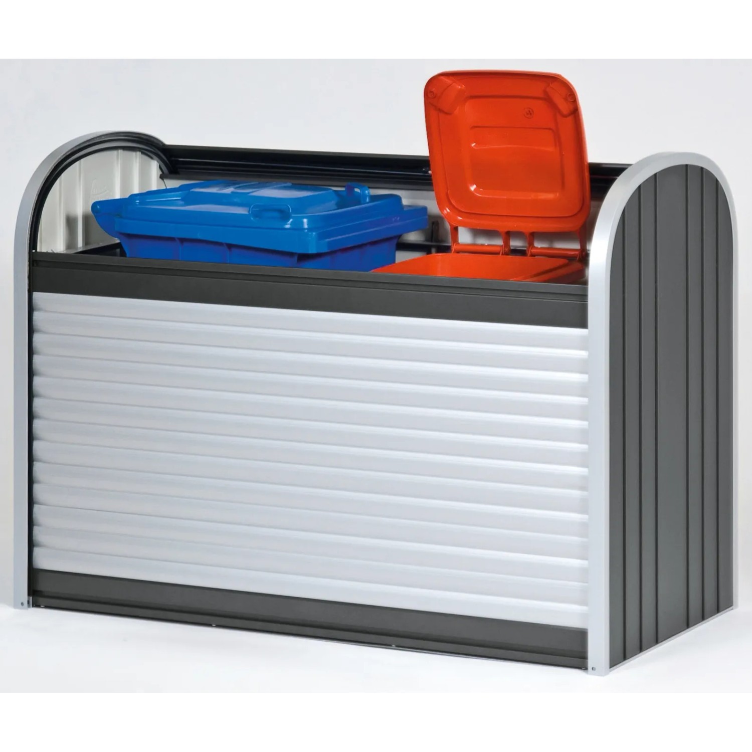 Biohort StoreMax 160 box da giardino in grigio scuro metallizzato con due bidoni.