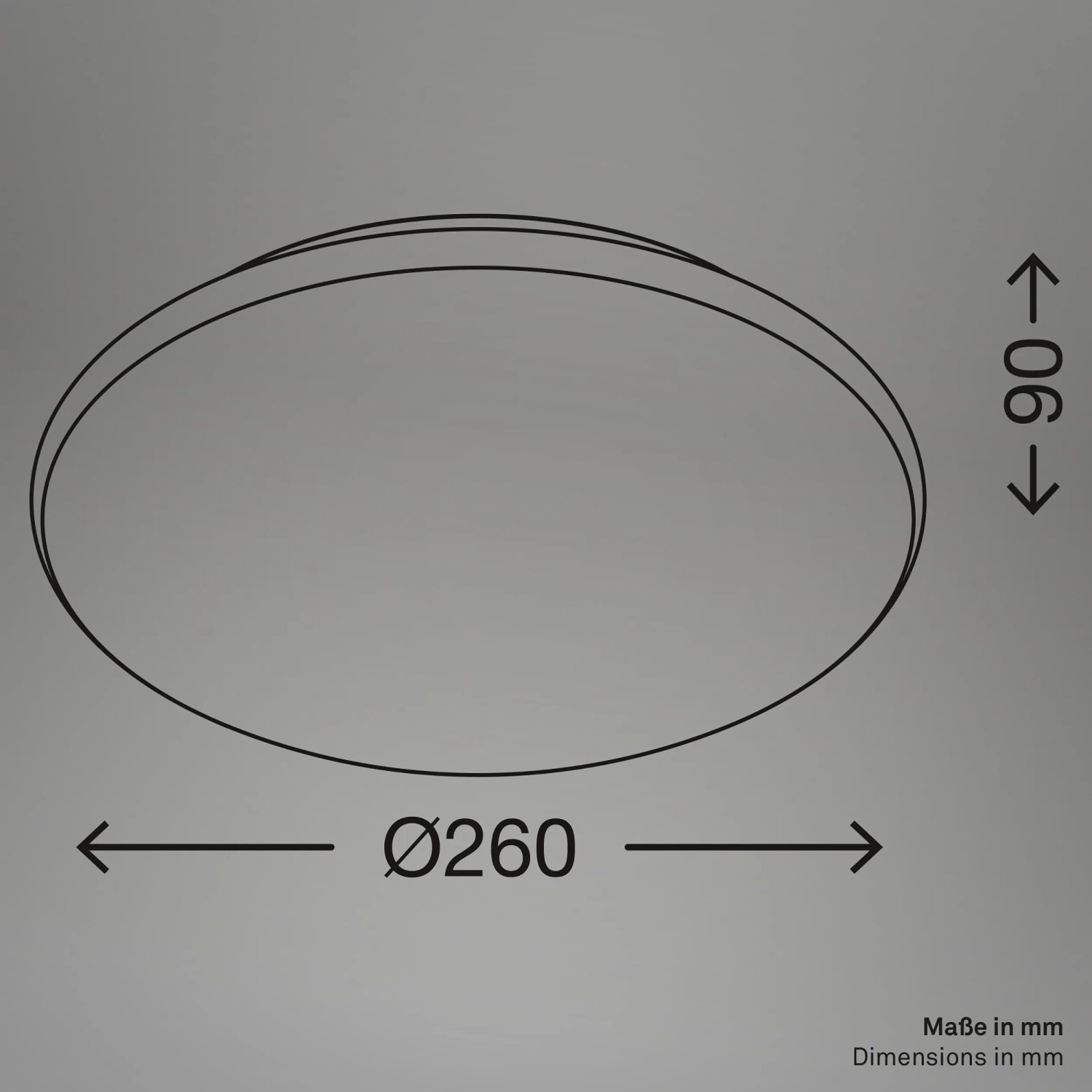 Schizzo della lampada da soffitto rotonda bianca Brilo LED Moon, dimmerabile, con diametro di 26 cm.