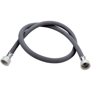 Tubo flessibile grigio per lavatrice con connettori bianchi.