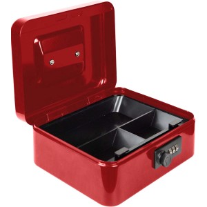 Cassetta di sicurezza rossa Burg-Wächter Money 5012 aperta con inserto per monete e serratura a combinazione.
