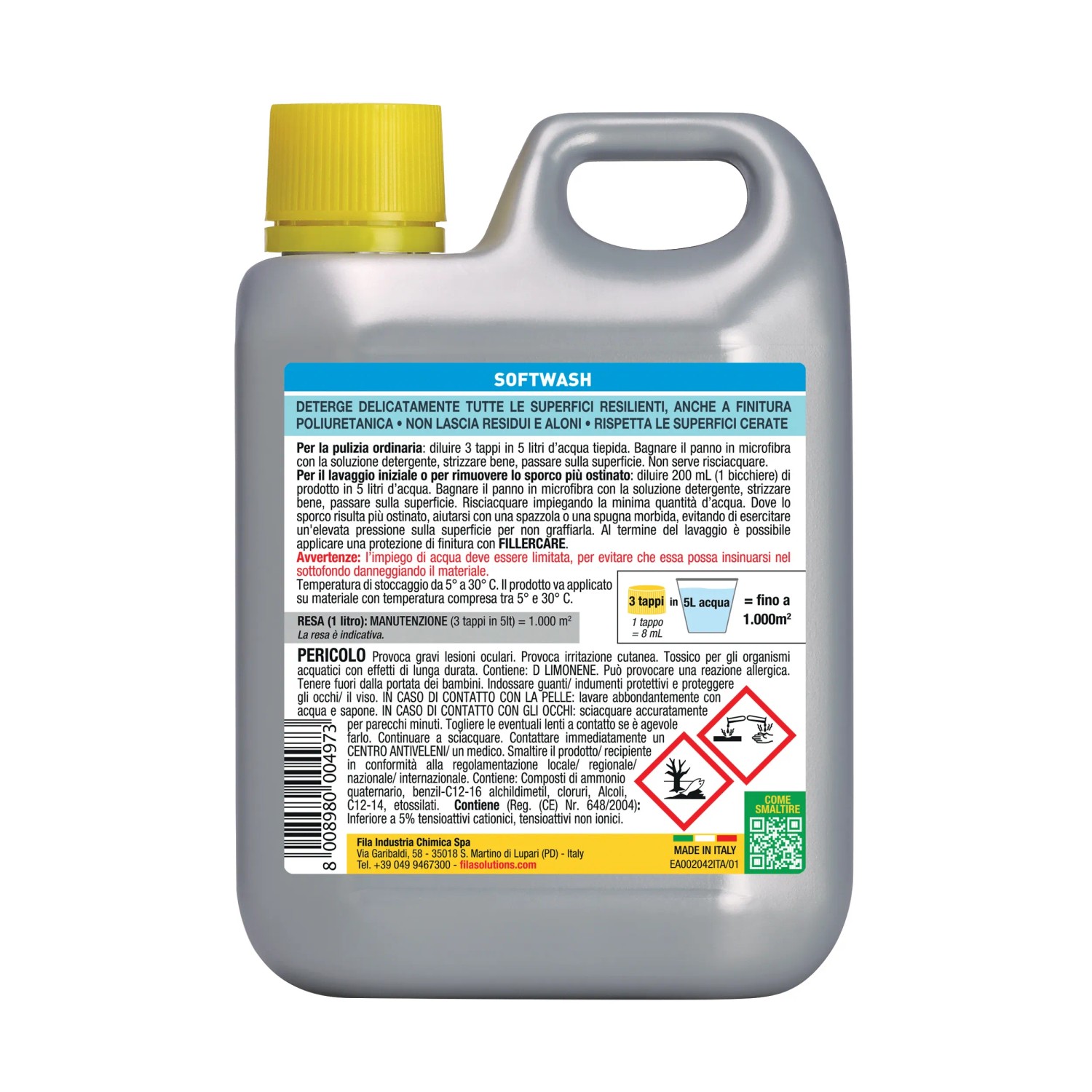 Detergente per superfici resistenti, anche poliuretaniche. Flacone con tappo giallo.