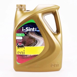 Tanica dorata di olio motore Eni i-Sint 5W-30 per tutti i carburanti.