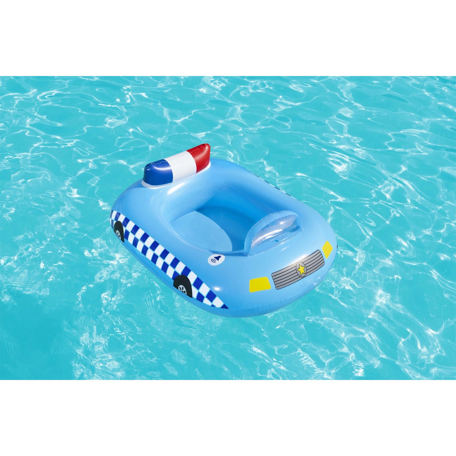 Piscina gonfiabile blu a forma di auto della polizia in acqua.