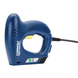 Cucitrice elettrica Rapid blu, ideale per fissare materiali con punti metallici.