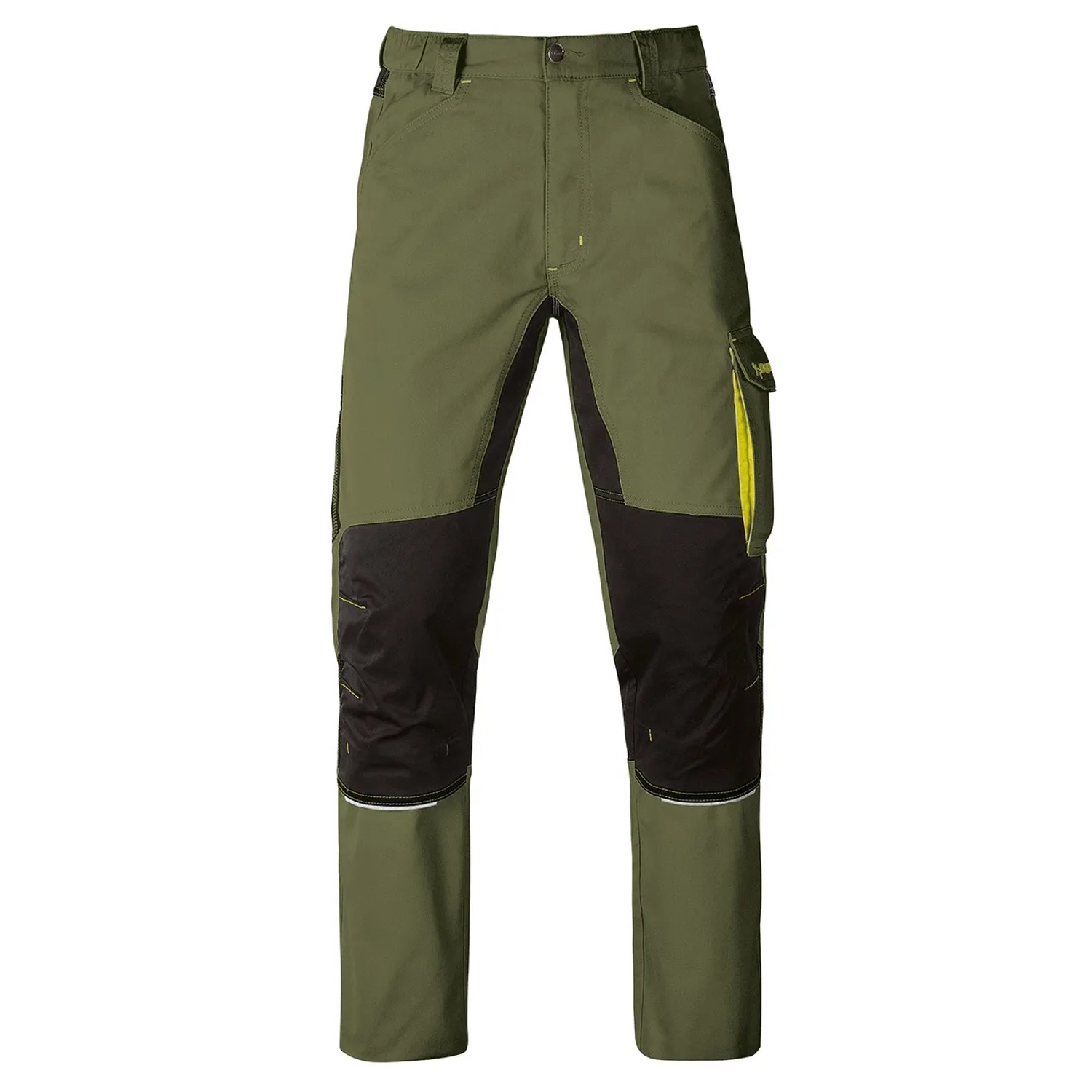 Pantaloni da giardinaggio t.b.t. verdi con rinforzi neri sulle ginocchia e dettagli gialli.