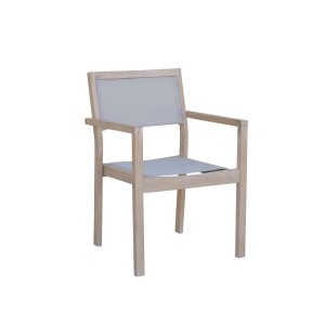 Sedia da giardino t.b.t. con braccioli e rivestimento in tessuto grigio.