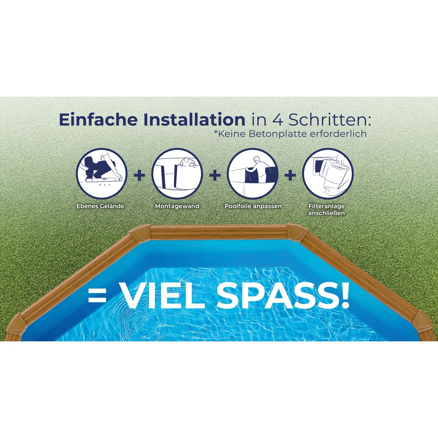 Istruzioni di montaggio per Gre Pool Pacific Rotonda Ø 300 cm con effetto legno: Facile installazione in 4 passaggi.