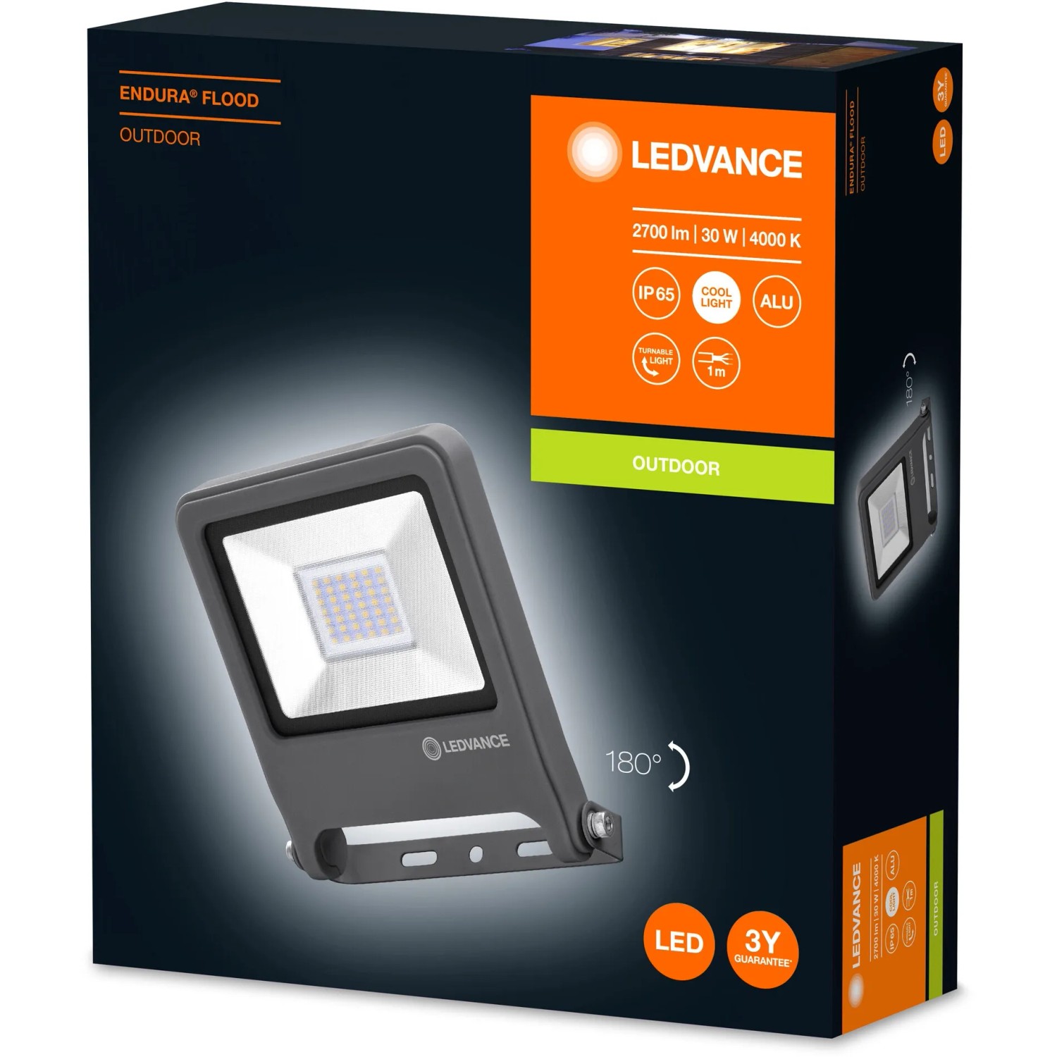 Faro LED da esterno Ledvance Endura Flood, 30W, grigio scuro, 4000K. Design compatto, ideale per facciate e garage.