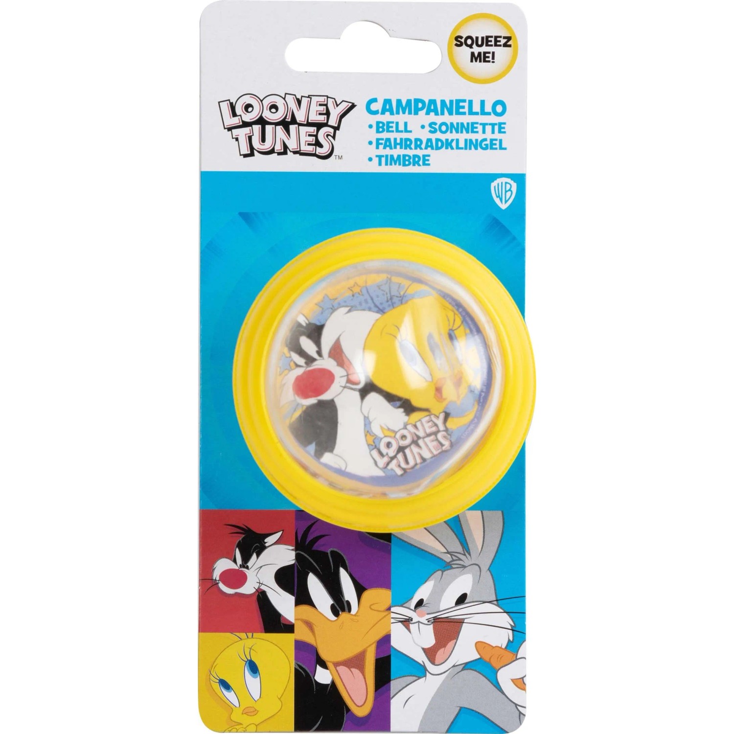 Campanello per bici giallo con personaggi Looney Tunes per bici da bambini.
