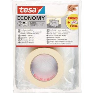 Set Tesa Economy con 2 rotoli di nastro per mascheratura e telo protettivo.