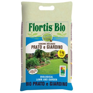 Sacco di concime universale biologico per prato Flortis Bio, 5kg, per prato e giardino.
