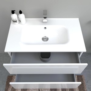 Mobile lavabo bianco t.b.t. con due cassetti e rubinetto. Lavabo singolo per bagni moderni.