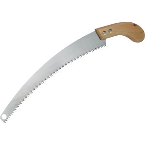 Sega da giardino con lama curva e manico in legno.