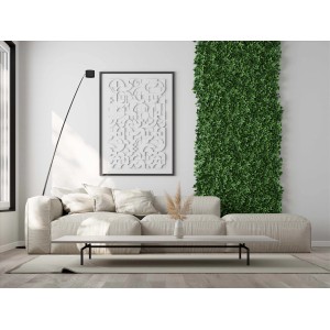 Soggiorno con divano, elementi decorativi e parete verde. Arelle, ombreggianti e frangivista.