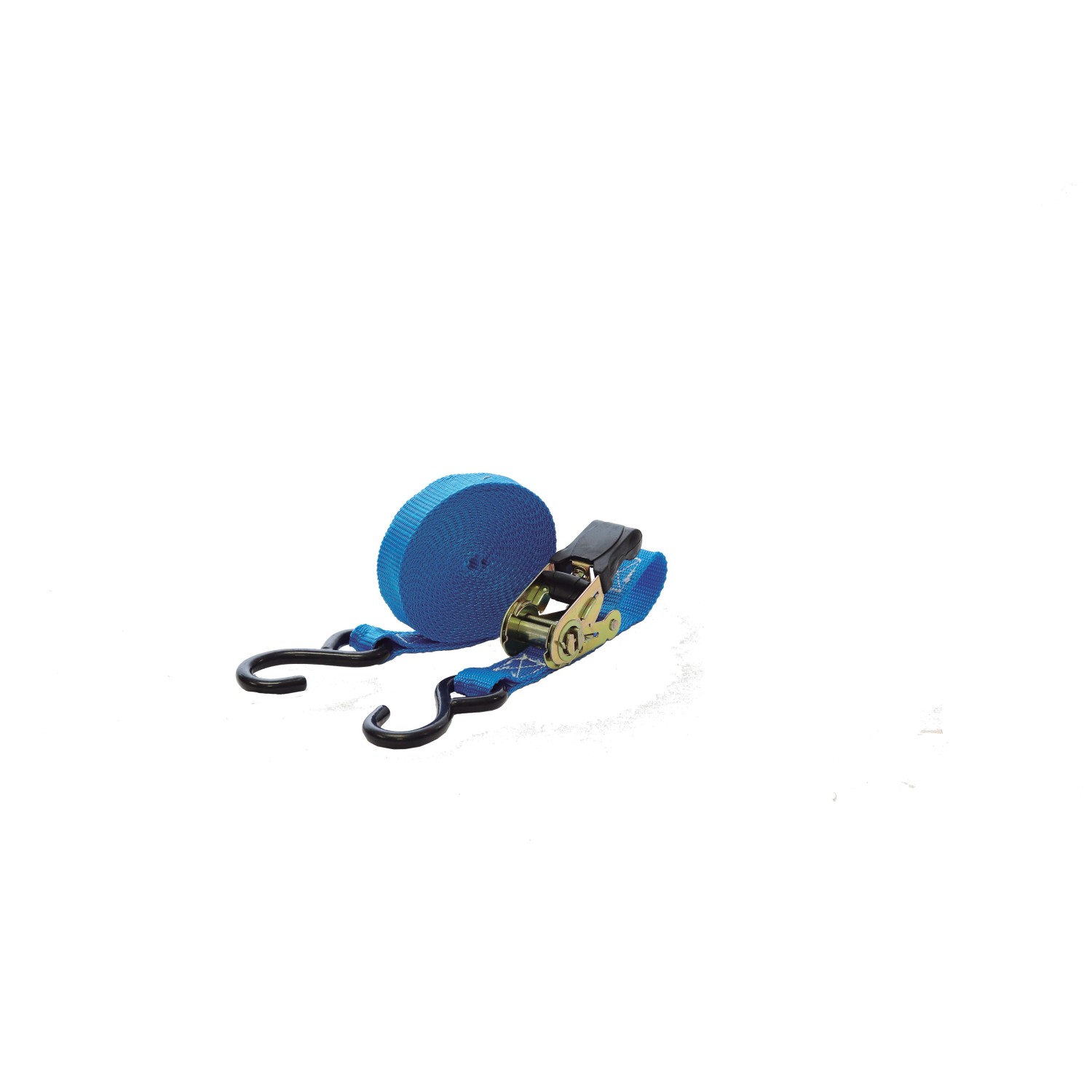 Cinghia di fissaggio blu con ganci e cricchetto per il fissaggio del carico.