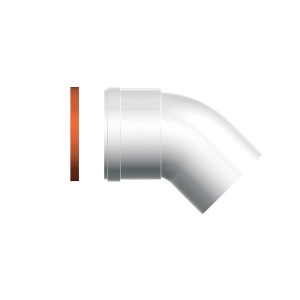 Raccordo a gomito a 45 gradi bianco con guarnizione per sistemi di riscaldamento.