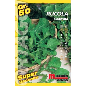 Confezione di semi di rucola 'Coltivata' con foglie verdi, ideale per l'orto.