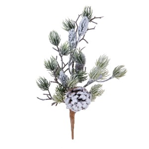 Ramo di abete decorativo innevato con pigna per decorazioni natalizie.