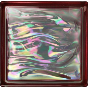 Vetro mattone Aqua Perla Rubino, 19x19x8 cm, lucido. Bordo rosso, superficie iridescente.