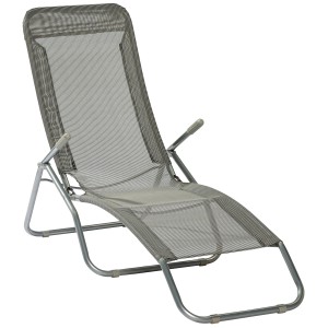 Lettino da bagno grigio con struttura in acciaio e rivestimento in tessuto. Schienale regolabile.