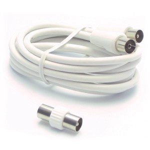 Cavo antenna bianco con connettore coassiale e adattatore per accessori video.