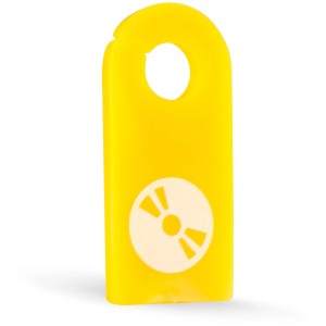 Supporto giallo per fascette con simbolo CD e foro per appenderlo.