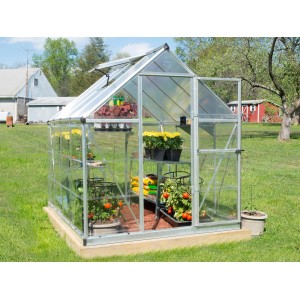 Serra Palram Canopia Hybrid 2.5x1.9 m, telaio argento, pareti chiare, con piante.