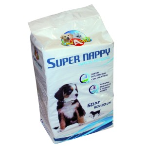 Confezione di tappetini igienici per cani Super Nappy, 50 pezzi, 60x90cm, assorbenti.