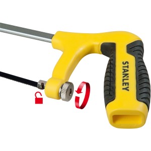 Mini seghetto Stanley con impugnatura a pistola, manico giallo, tensione lama regolabile.