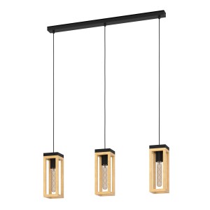 Lampada a sospensione moderna con tre cornici in legno e accenti neri. Ideale come Sospensioni.