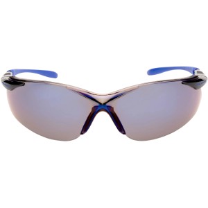 Occhiali di protezione t.b.t. con aste blu e lenti a specchio.