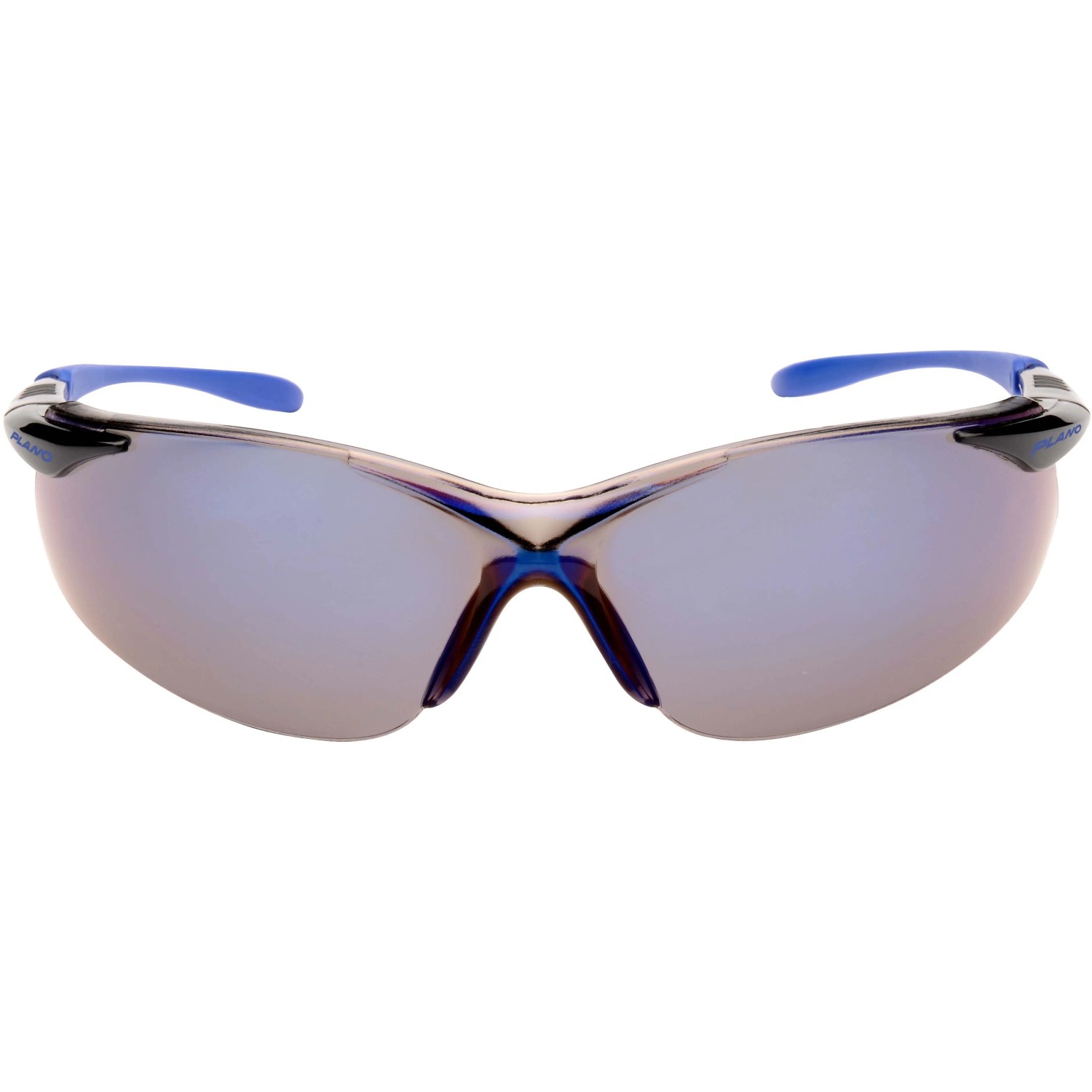 Occhiali di protezione t.b.t. con aste blu e lenti a specchio.