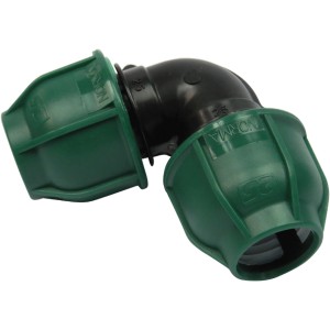 Raccordo a gomito verde per irrigazione interrata.