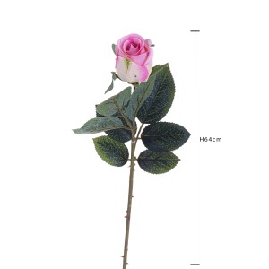 Rosa artificiale decorativa rosa con foglie verdi, alta 64 cm.