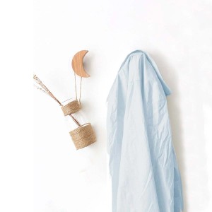 t.b.t. appendiabiti con gancio a luna, due vasi e camicia azzurra su parete bianca.