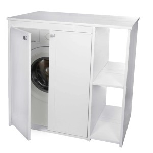 Mobile lavatrice bianco con ripiani e ante aperte.