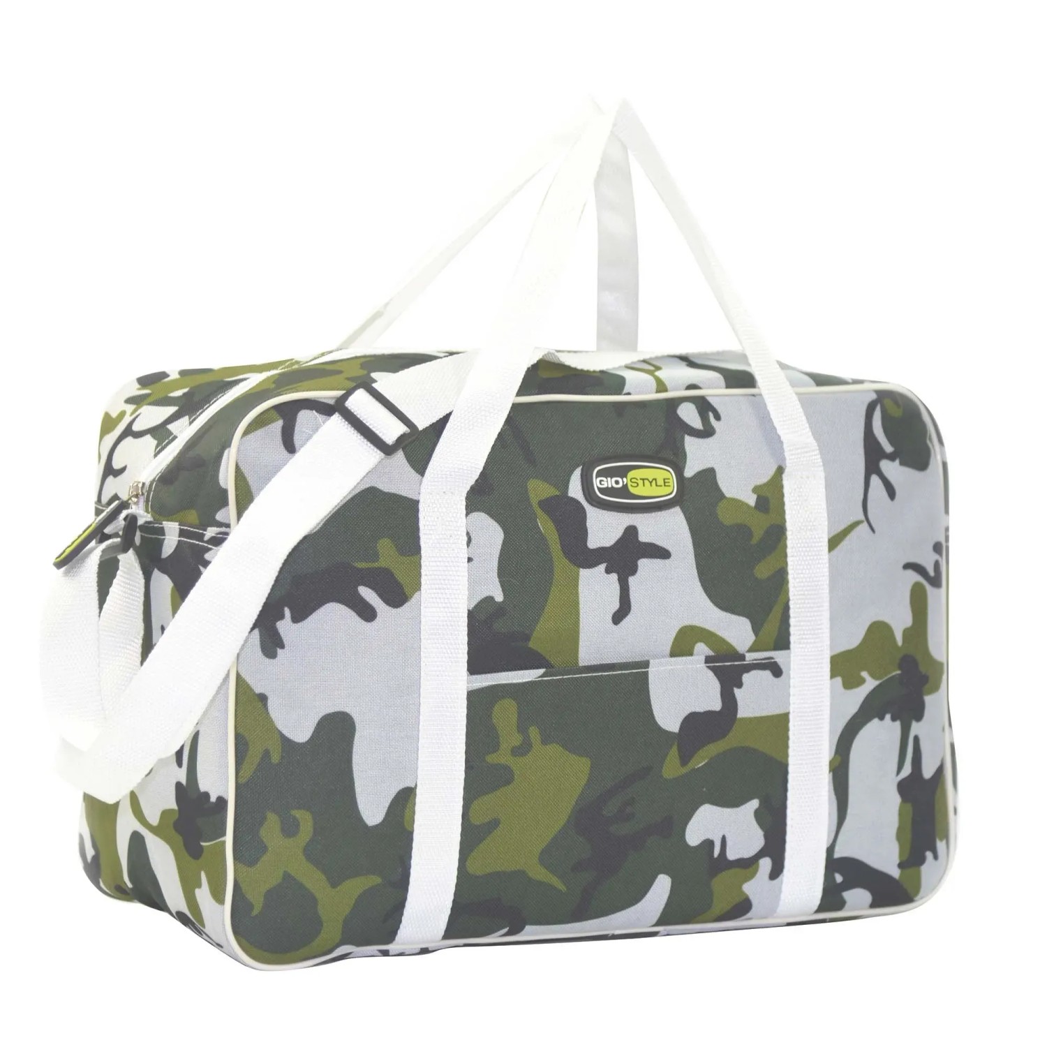 Borsa da campeggio t.b.t. con motivo mimetico e manici bianchi.