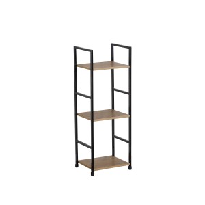 Scaffale da cucina stretto con tre ripiani effetto legno e struttura in metallo nero.